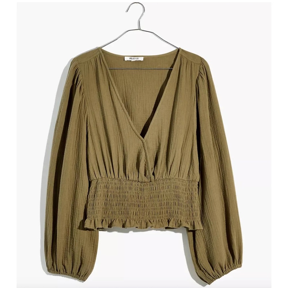 Madewell green smocked blouse
